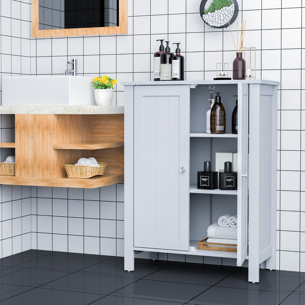 Bathroom Floor Storage Cabinet – Double Doors, Adjustable Shelf