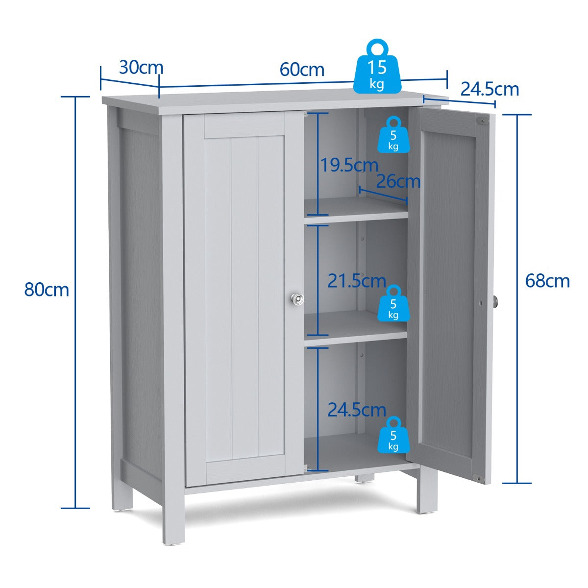 Bathroom Floor Storage Cabinet – Double Doors, Adjustable Shelf