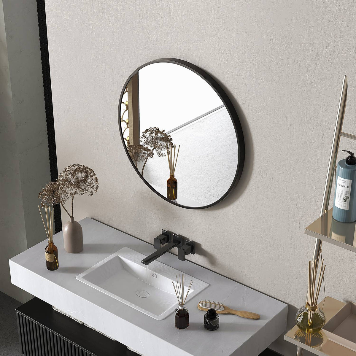 Bathroom Mirror, Ø60 Cm Bathroom Mirror With Aluminum Frame, Hooks, Round Wall Mirror For Living Room, Hallway, Black