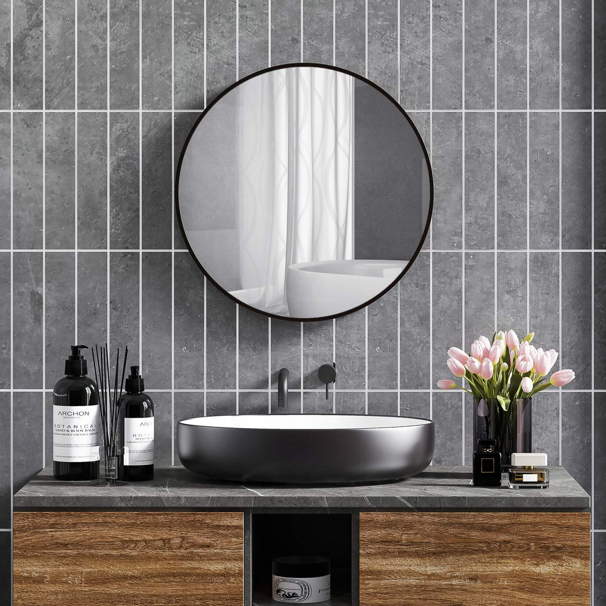 Bathroom Mirror, Ø60 Cm Bathroom Mirror With Aluminum Frame, Hooks, Round Wall Mirror For Living Room, Hallway, Black