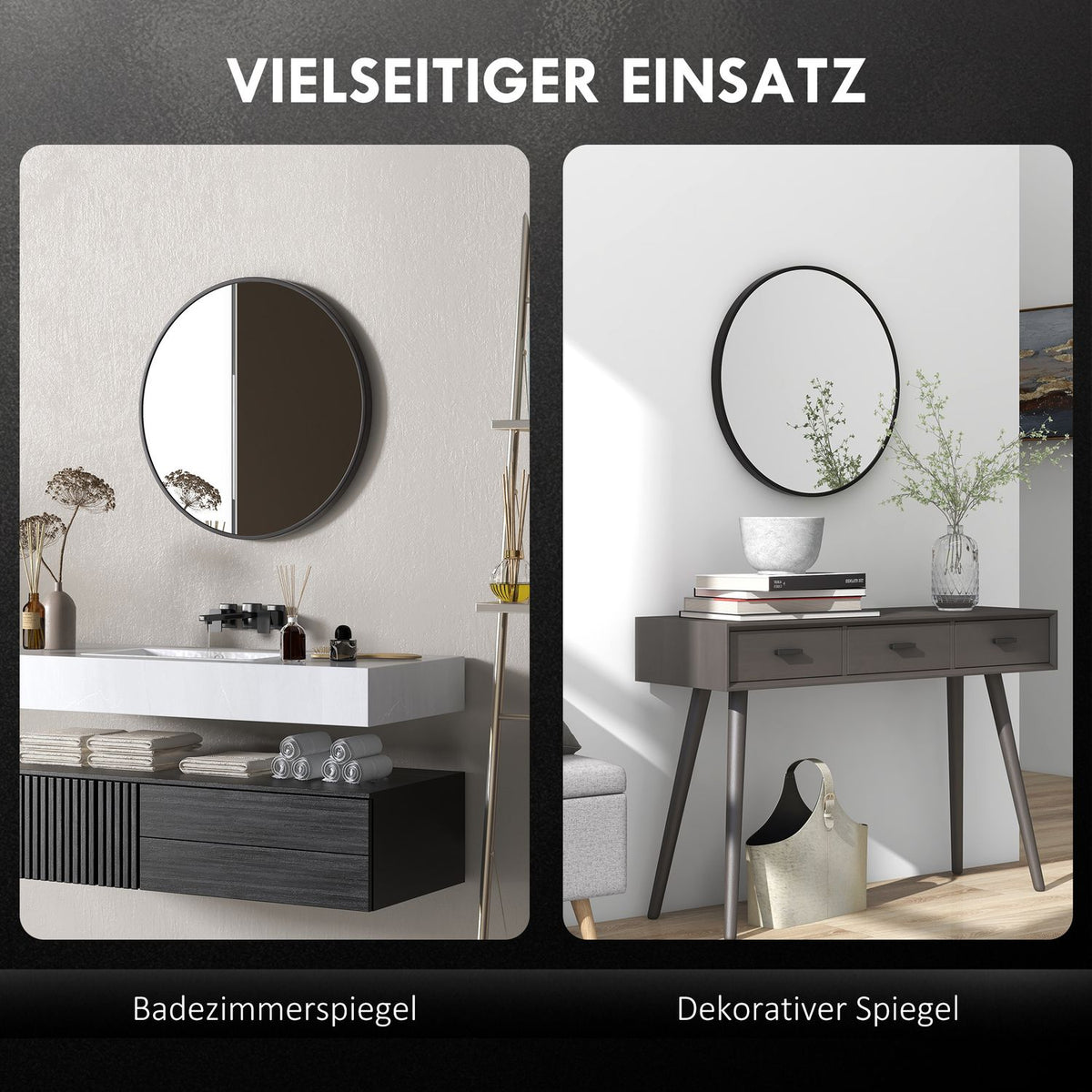 Bathroom Mirror, Ø60 Cm Bathroom Mirror With Aluminum Frame, Hooks, Round Wall Mirror For Living Room, Hallway, Black