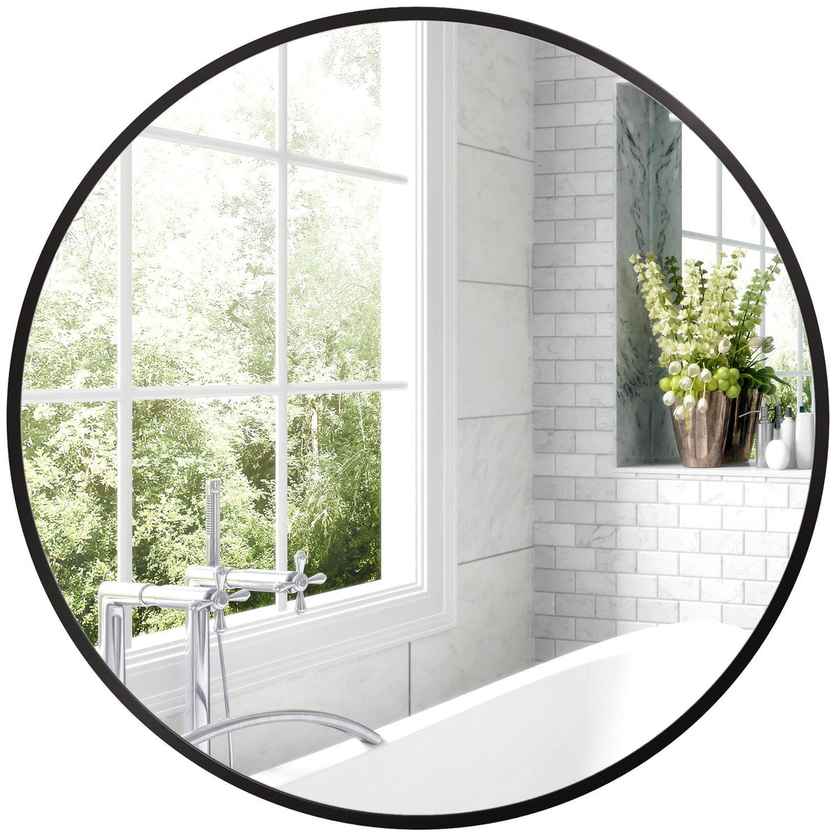 Bathroom Mirror, Ø60 Cm Bathroom Mirror With Aluminum Frame, Hooks, Round Wall Mirror For Living Room, Hallway, Black
