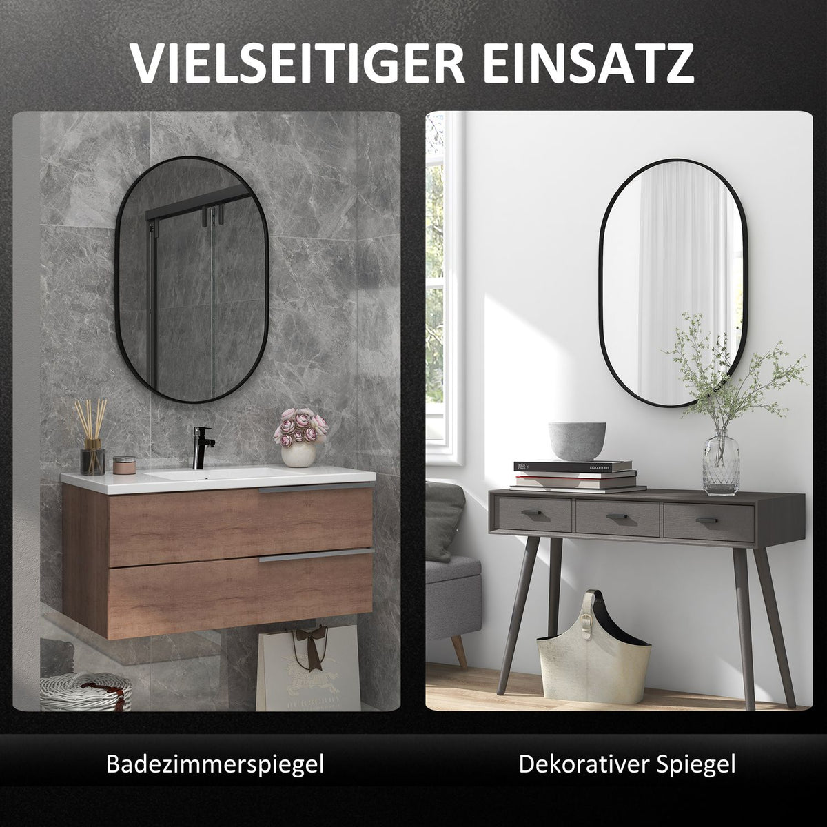 Bathroom Mirror, 60 X 90 Cm Oval Bathroom Mirror With Aluminum Frame, 3 Hooks, Wall Mirror For Living Room, Bedroom, Black