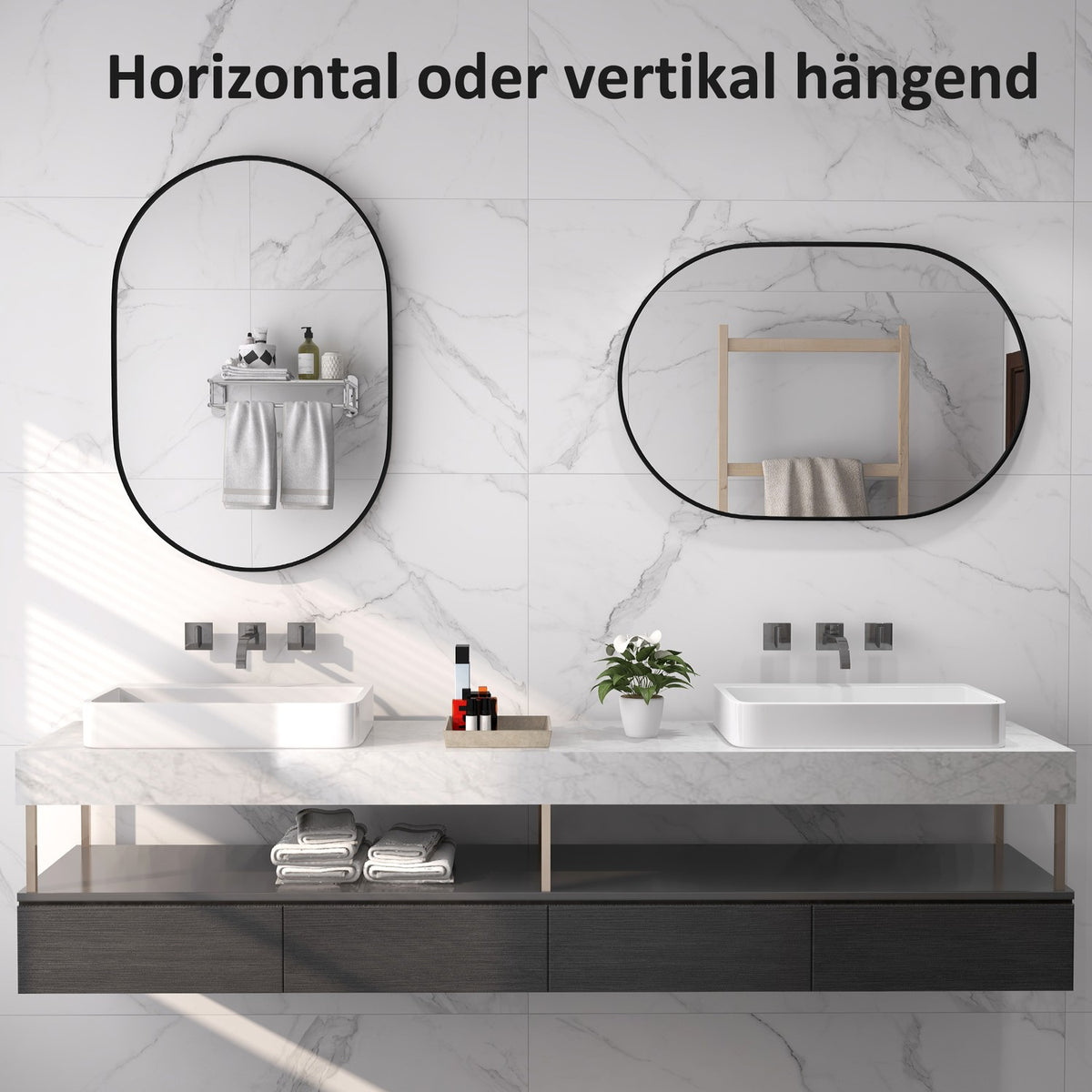 Bathroom Mirror, 60 X 90 Cm Oval Bathroom Mirror With Aluminum Frame, 3 Hooks, Wall Mirror For Living Room, Bedroom, Black