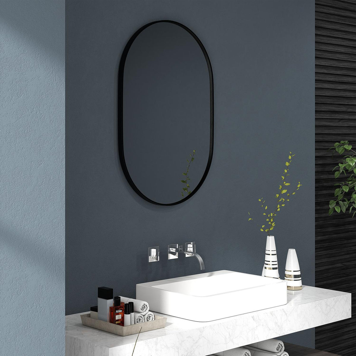 Bathroom Mirror, 60 X 90 Cm Oval Bathroom Mirror With Aluminum Frame, 3 Hooks, Wall Mirror For Living Room, Bedroom, Black