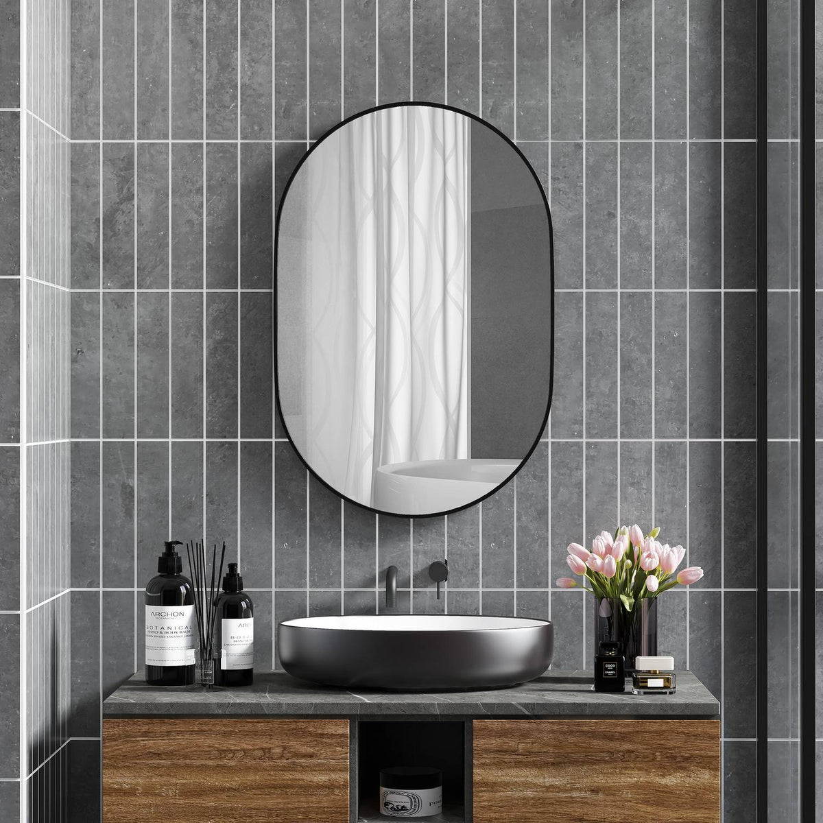 Bathroom Mirror, 60 X 90 Cm Oval Bathroom Mirror With Aluminum Frame, 3 Hooks, Wall Mirror For Living Room, Bedroom, Black
