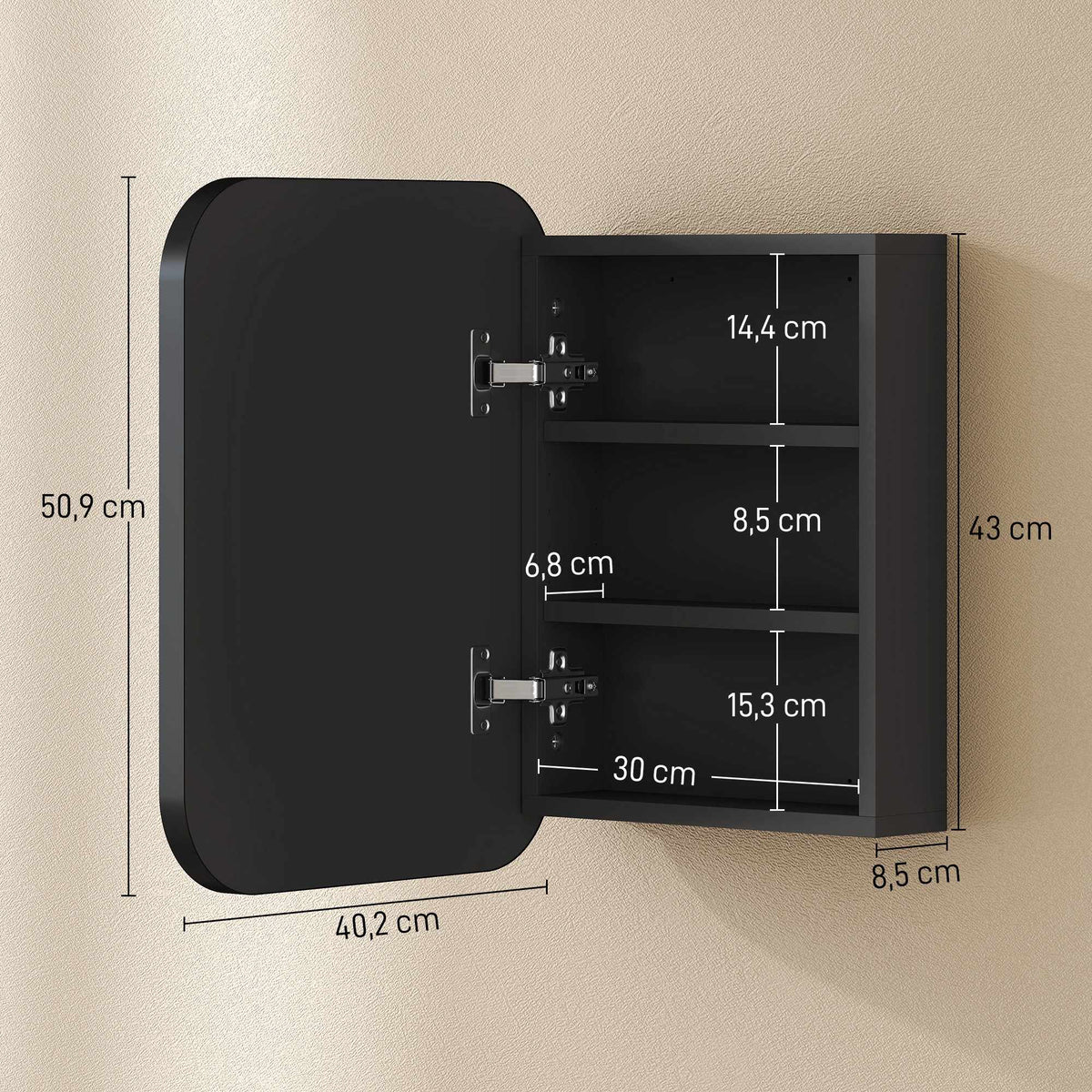 Bathroom Mirror Cabinet, Adjustable Shelves, Black, 40x10x51 cm