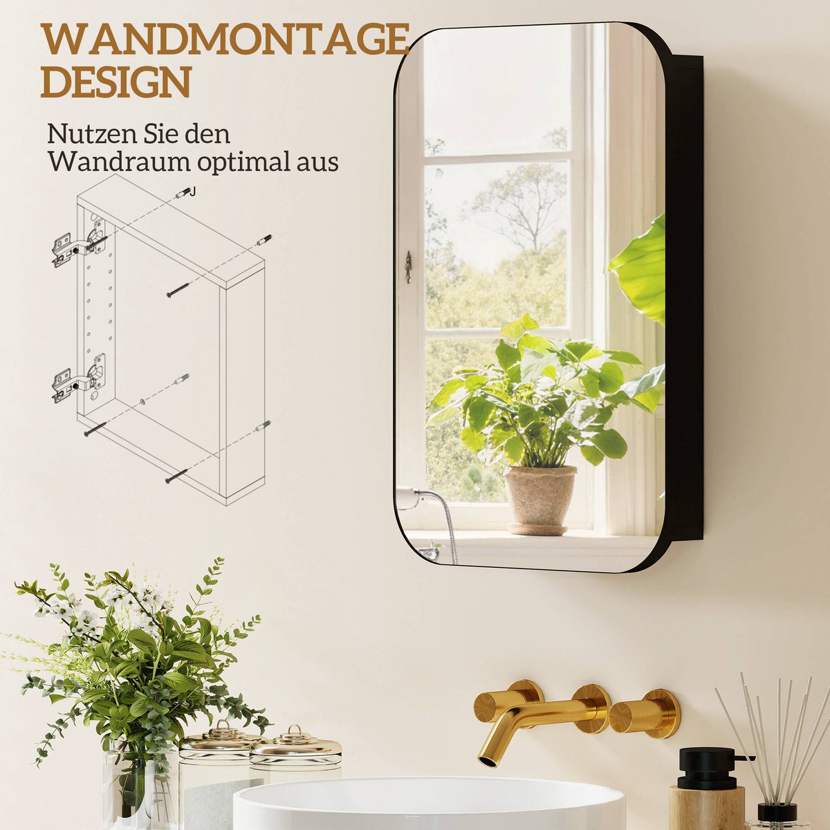 Bathroom Mirror Cabinet, Black, 40 x 10 x 60 cm, Adjustable Shelves