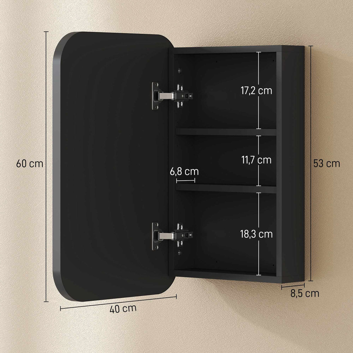 Bathroom Mirror Cabinet, Black, 40 x 10 x 60 cm, Adjustable Shelves