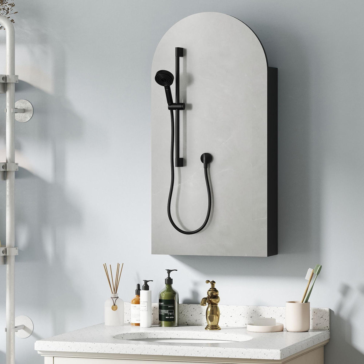 Bathroom Mirror Cabinet, Frameless Arch, Adjustable Shelves, Black