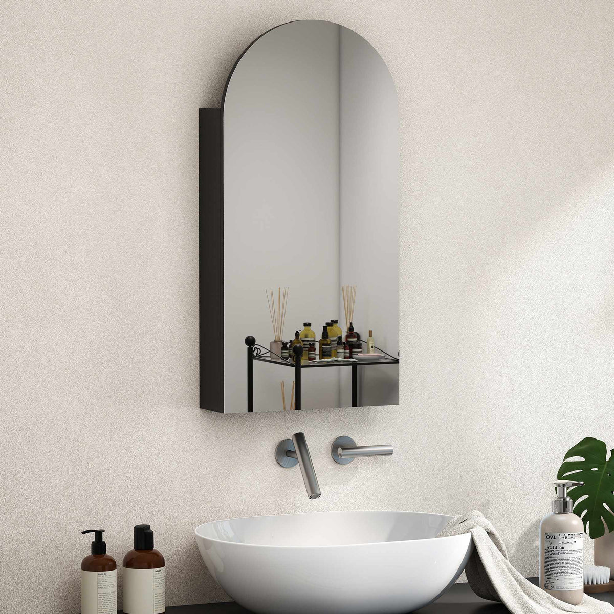 Bathroom Mirror Cabinet, Frameless Arch, Adjustable Shelves, Black