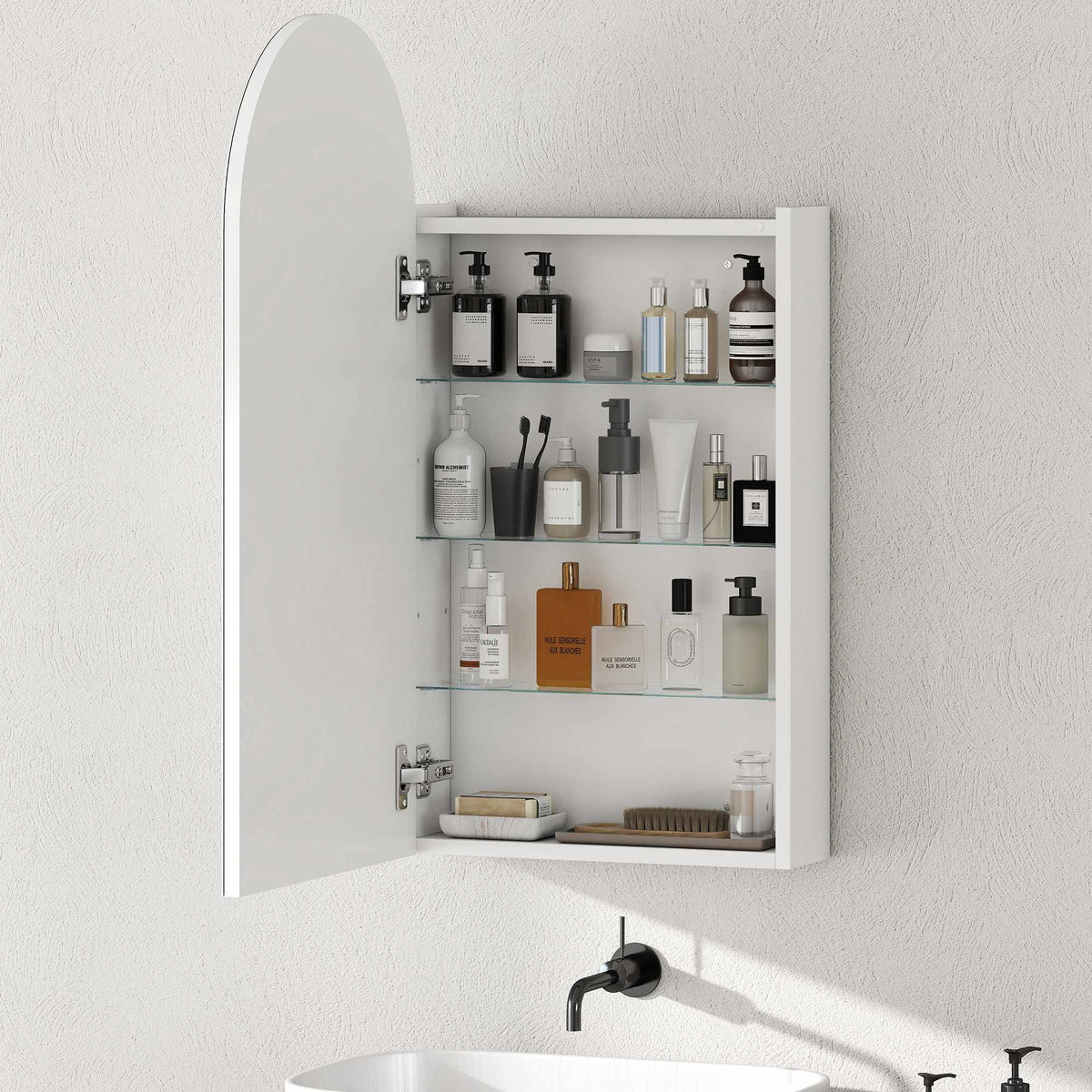 Bathroom Mirror Cabinet, Frameless Arch, Adjustable Shelves, White