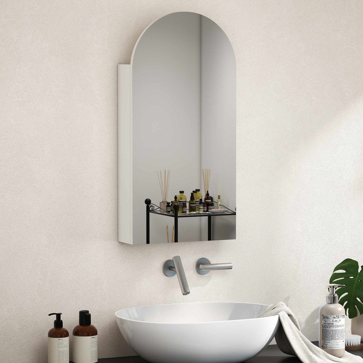 Bathroom Mirror Cabinet, Frameless Arch, Adjustable Shelves, White