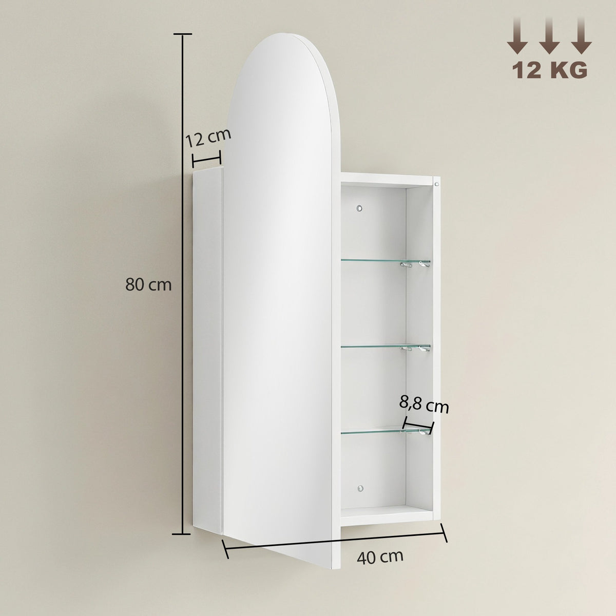 Bathroom Mirror Cabinet, Frameless Arch, Adjustable Shelves, White