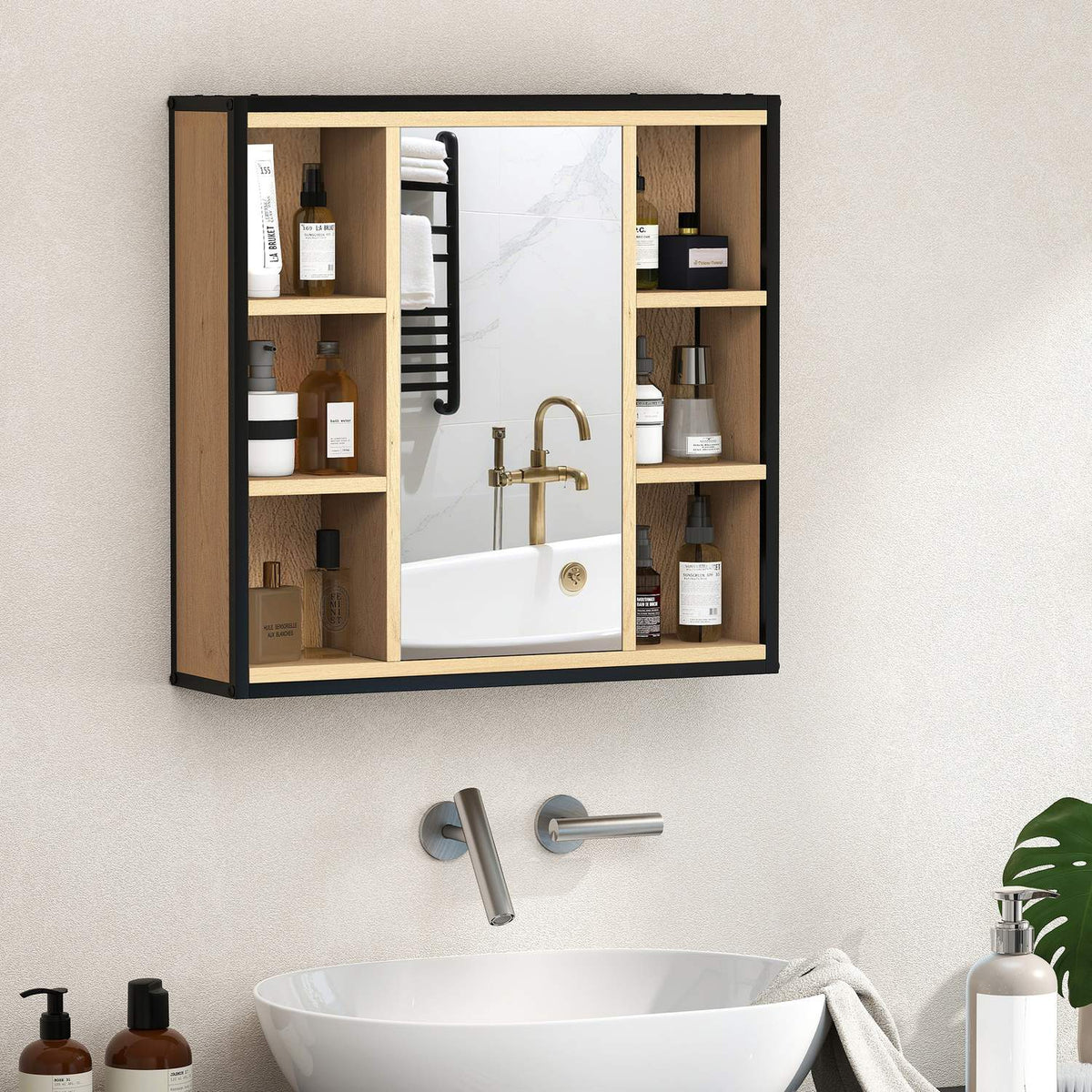 Bathroom Mirror Cabinet, Oak Finish, Wall-Mounted, Adjustable Shelves