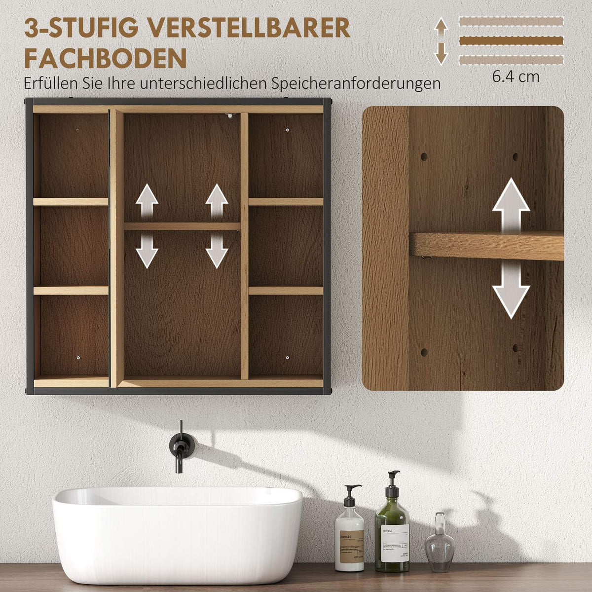 Bathroom Mirror Cabinet, Oak Finish, Wall-Mounted, Adjustable Shelves