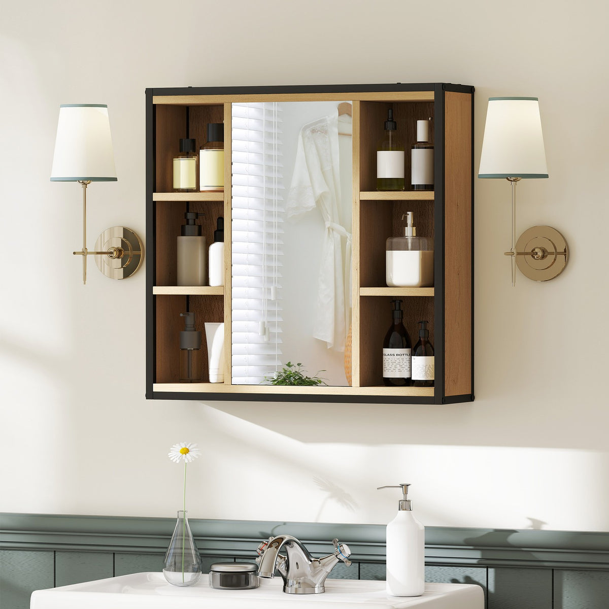 Bathroom Mirror Cabinet, Oak Finish, Wall-Mounted, Adjustable Shelves