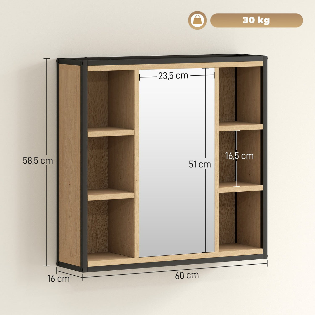 Bathroom Mirror Cabinet, Oak Finish, Wall-Mounted, Adjustable Shelves