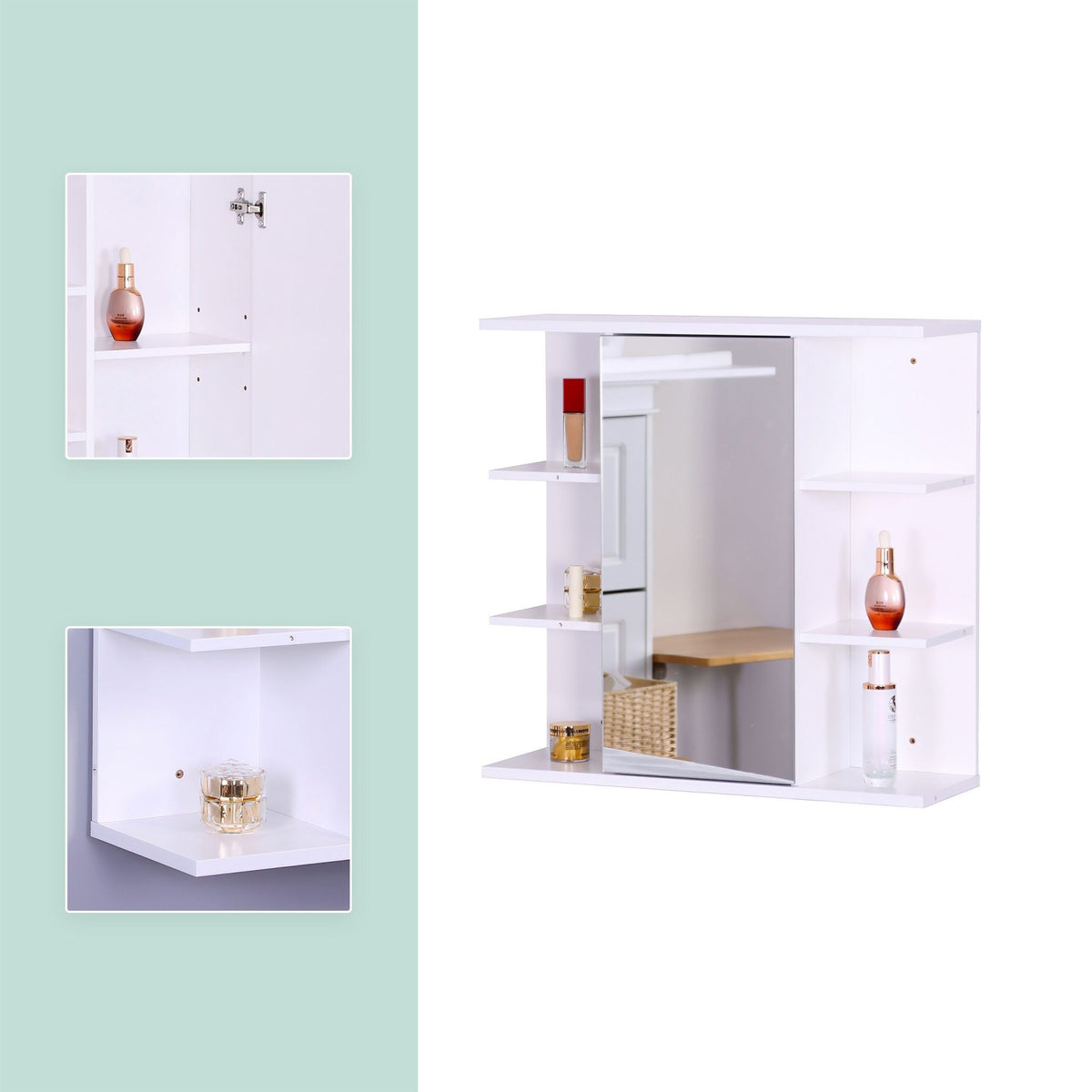Bathroom Mirror Cabinet, Wall-Mounted, 8 Shelves