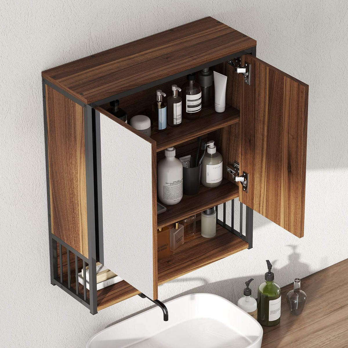 Bathroom Mirror Cabinet, Wall-Mounted, Soft-Close, Brown, MDF