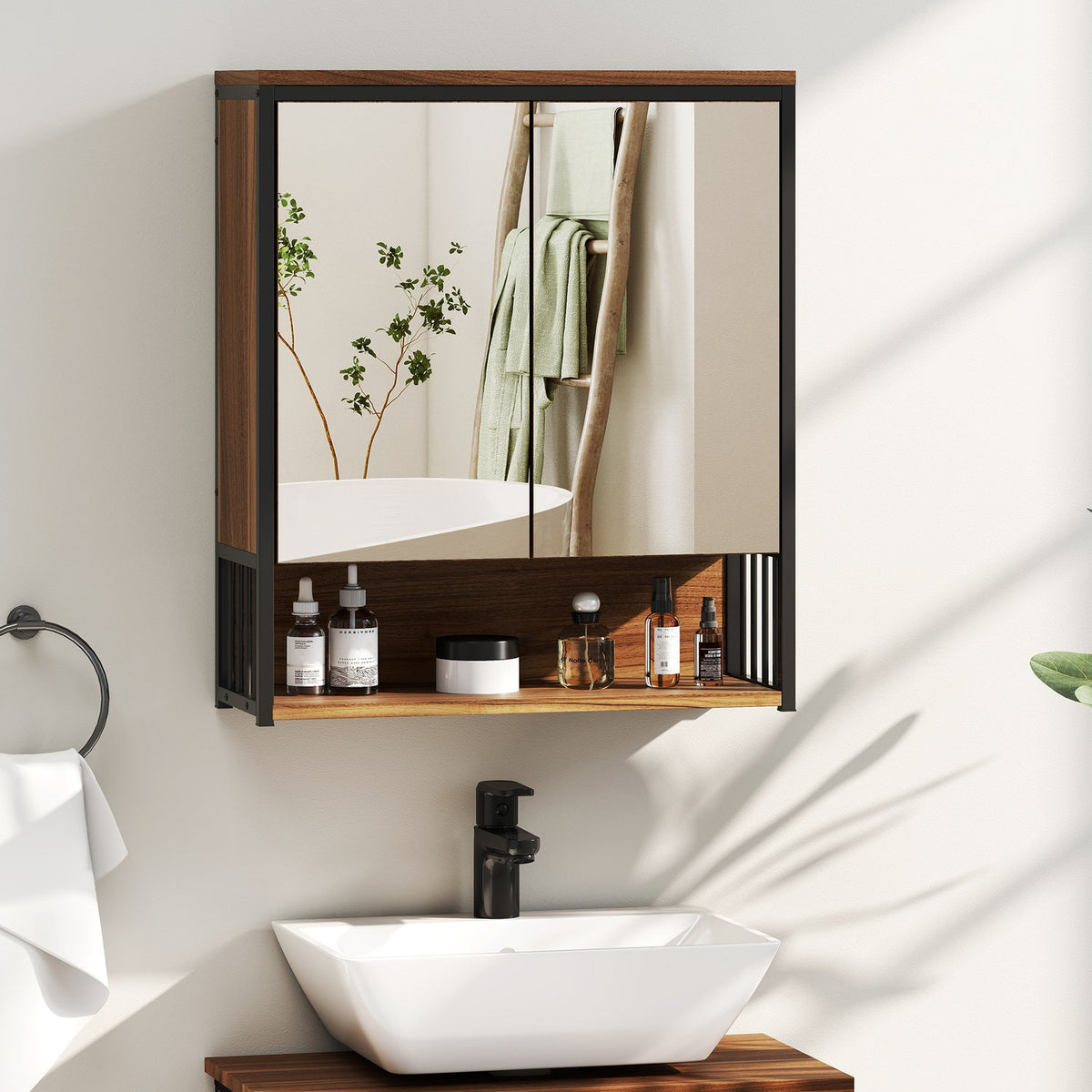 Bathroom Mirror Cabinet, Wall-Mounted, Soft-Close, Brown, MDF