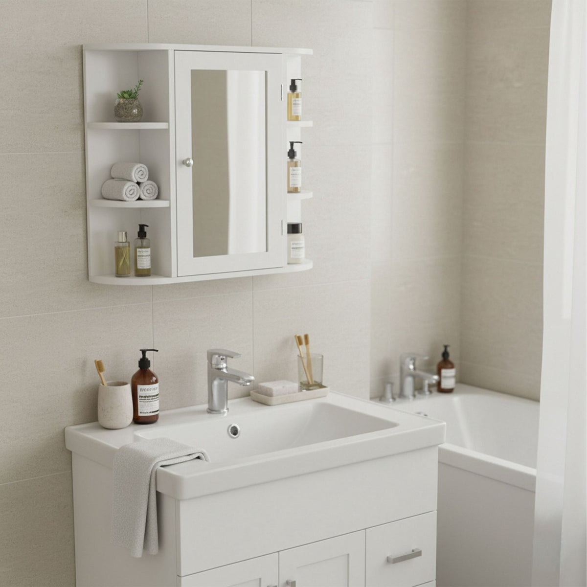 Bathroom Mirror Cabinet with 10 Shelves, Wall-Mounted
