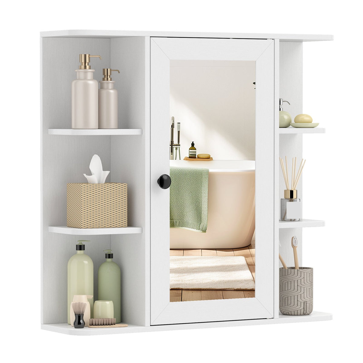 Bathroom Mirror Cabinet with 3 Shelves & 6 Open Compartments