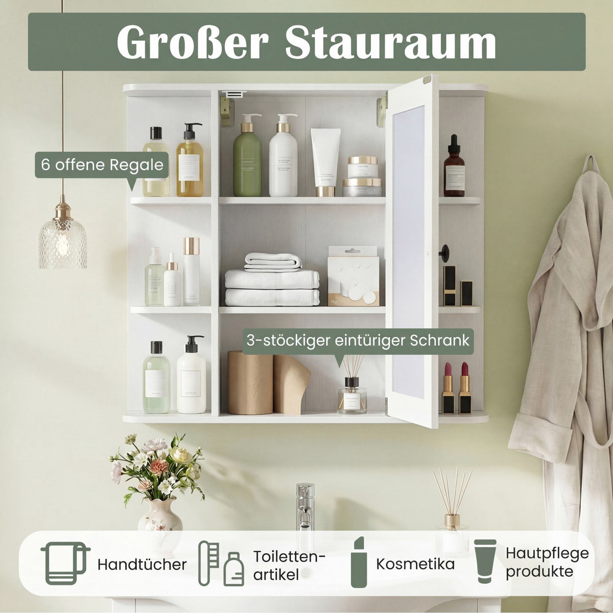 Bathroom Mirror Cabinet with 3 Shelves & 6 Open Compartments