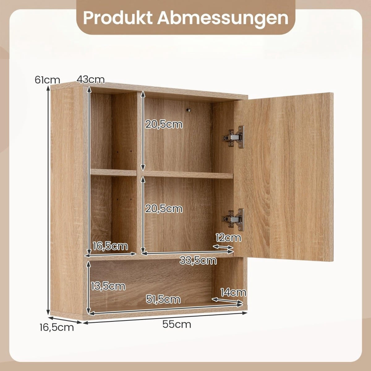 Bathroom Mirror Cabinet with Adjustable Shelves, 55x16x61 cm