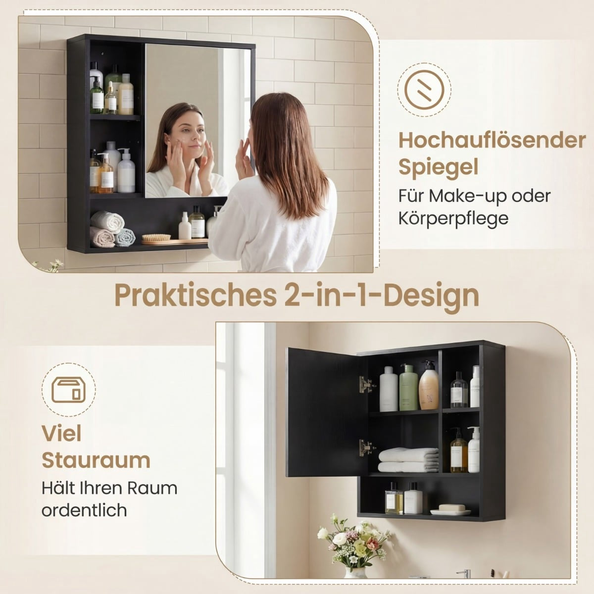 Bathroom Mirror Cabinet with Adjustable Shelves, Black, 55x16x61 cm