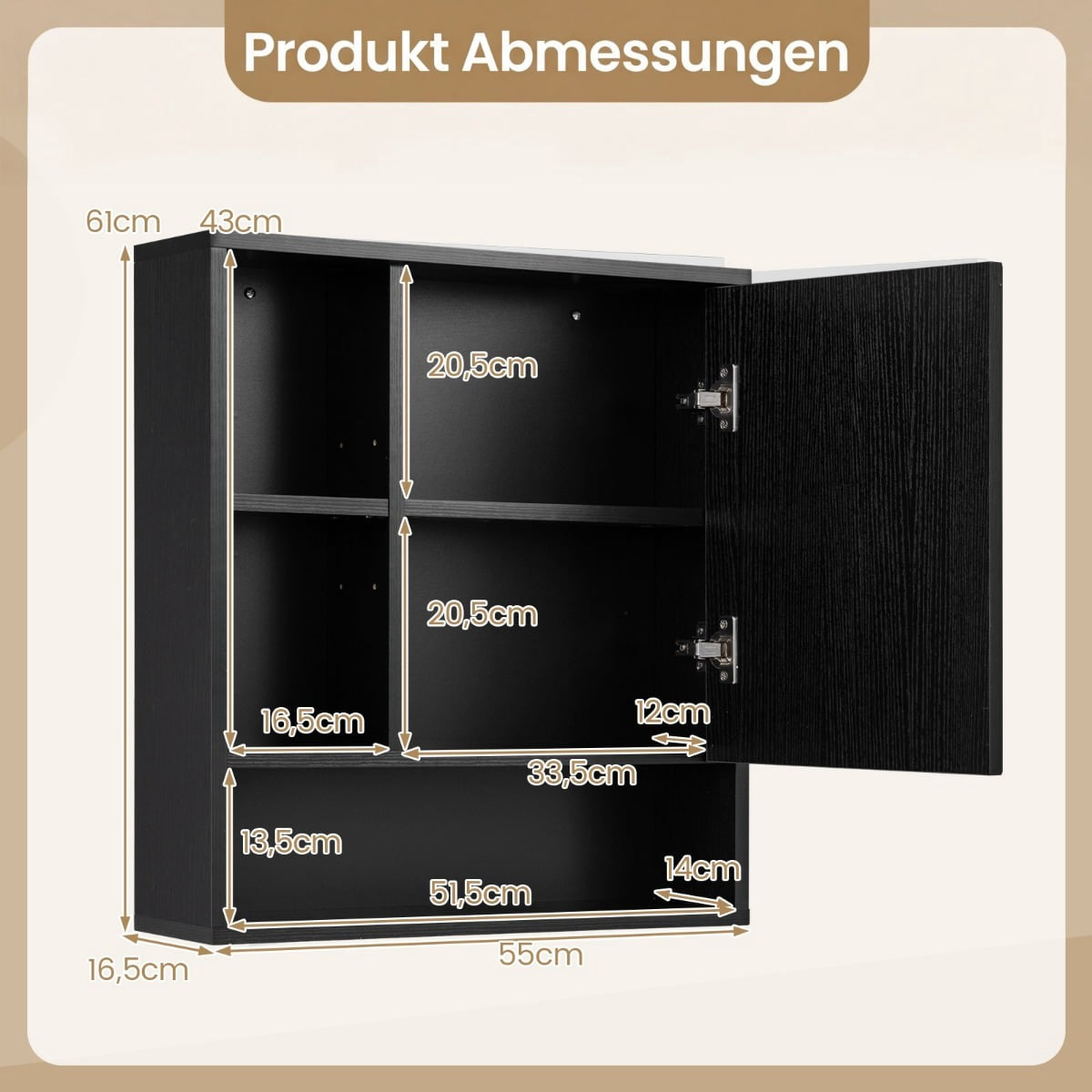 Bathroom Mirror Cabinet with Adjustable Shelves, Black, 55x16x61 cm