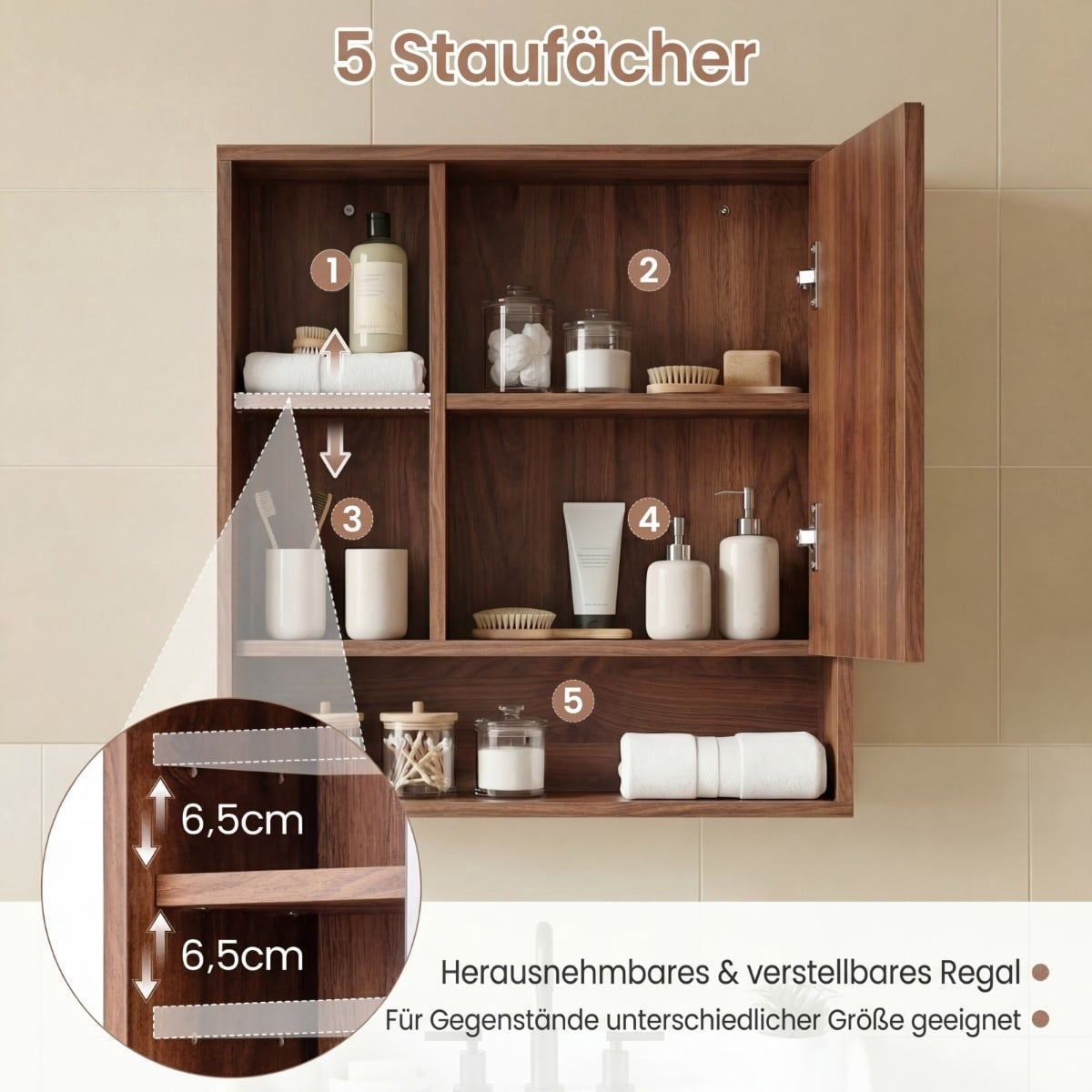 Bathroom Mirror Cabinet with Adjustable Shelves, Brown, 55x16x61 cm