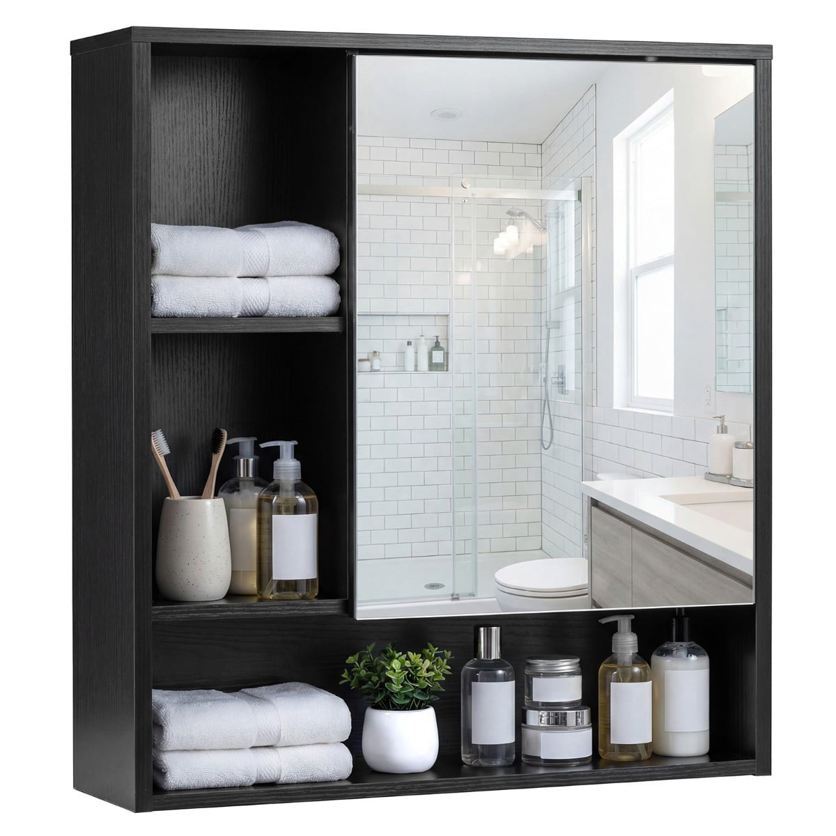 Bathroom Mirror Cabinet with Door & 3 Open Shelves, Black
