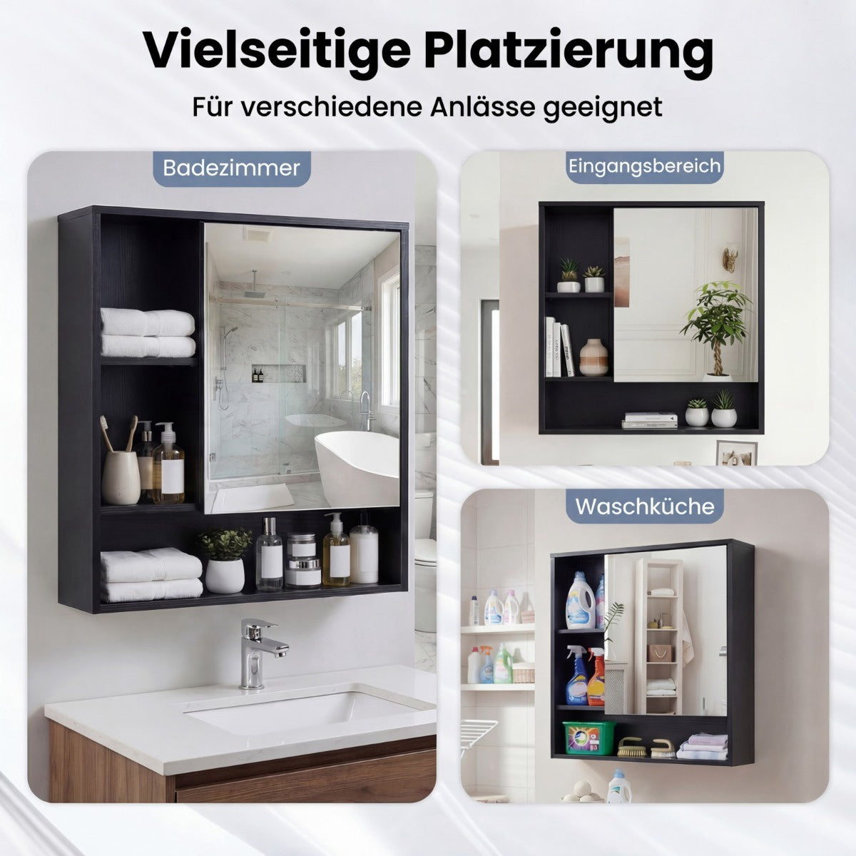 Bathroom Mirror Cabinet with Door & 3 Open Shelves, Black