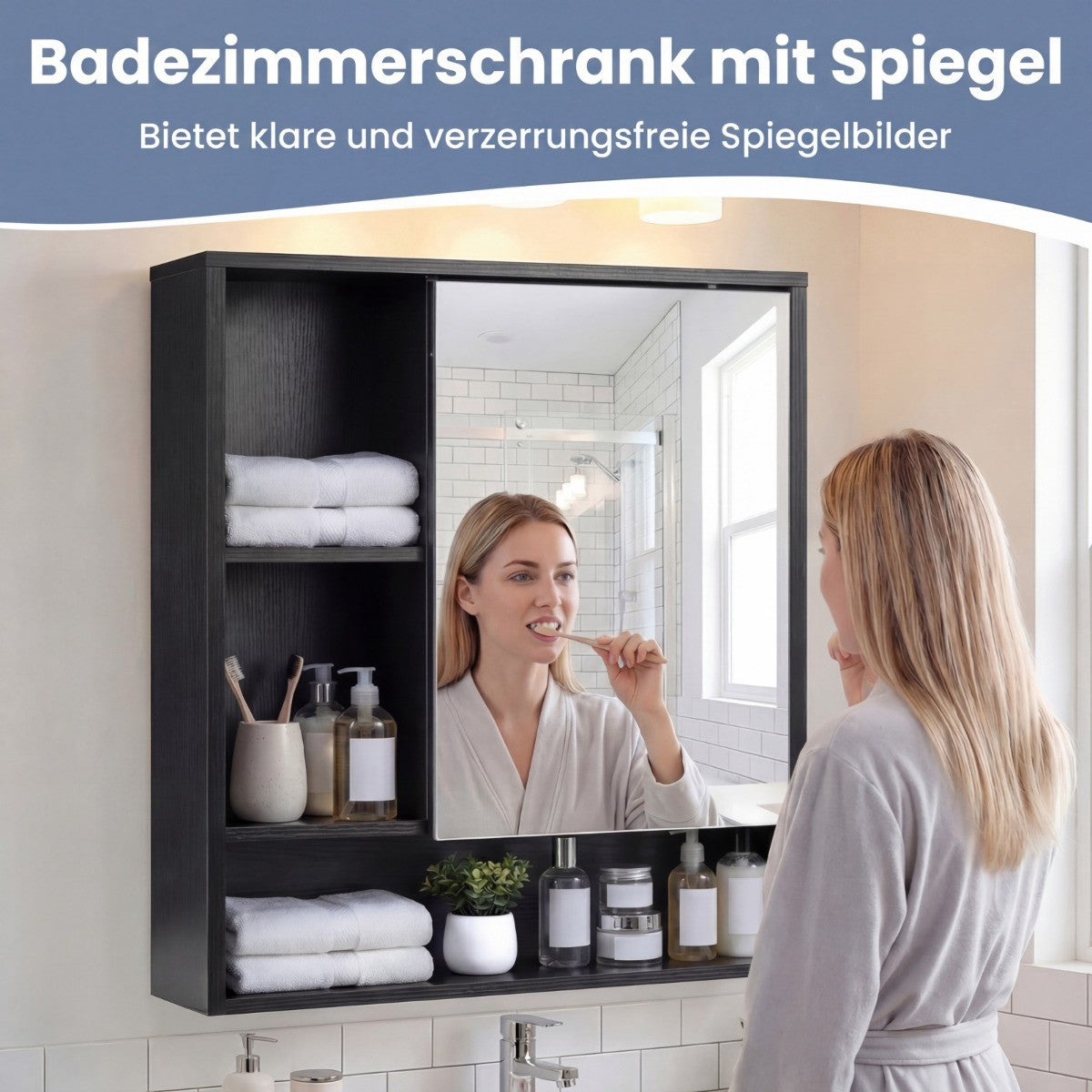 Bathroom Mirror Cabinet with Door & 3 Open Shelves, Black