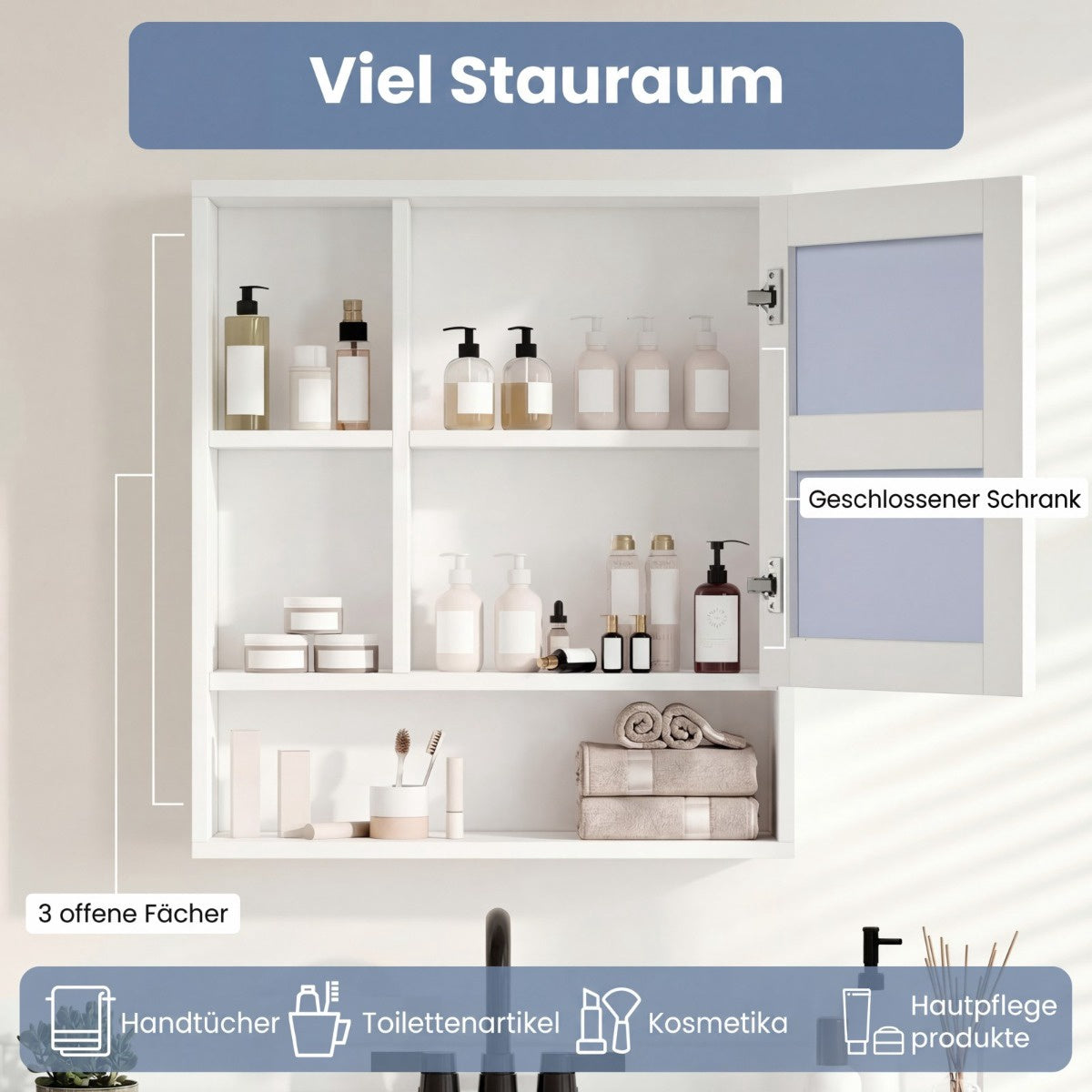Bathroom Mirror Cabinet with Door & 3 Open Shelves, White