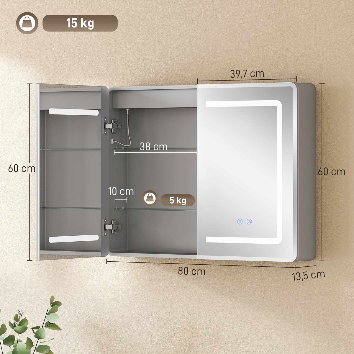Bathroom Mirror Cabinet with LED, Anti-Fog, 80 x 60 cm