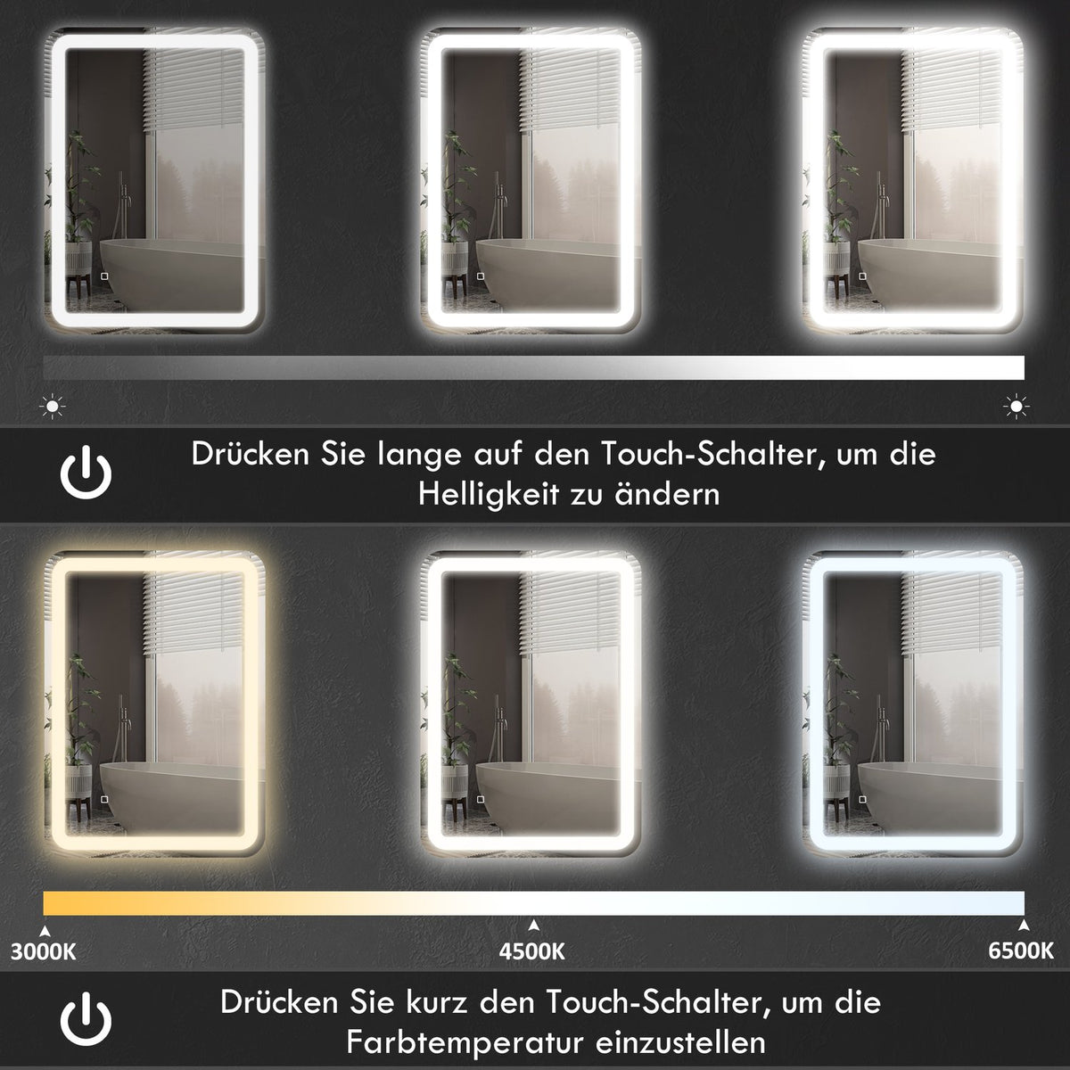 Bathroom Mirror, LED, Anti-Fog, Touch Control, 60x80 cm