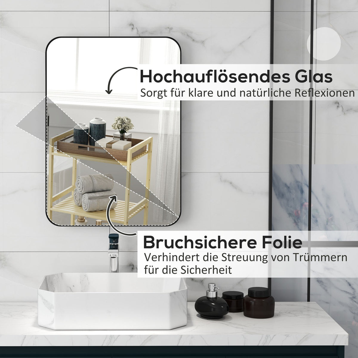 Bathroom Mirror, Safety Film, Metal Frame, 50x70 cm, Black