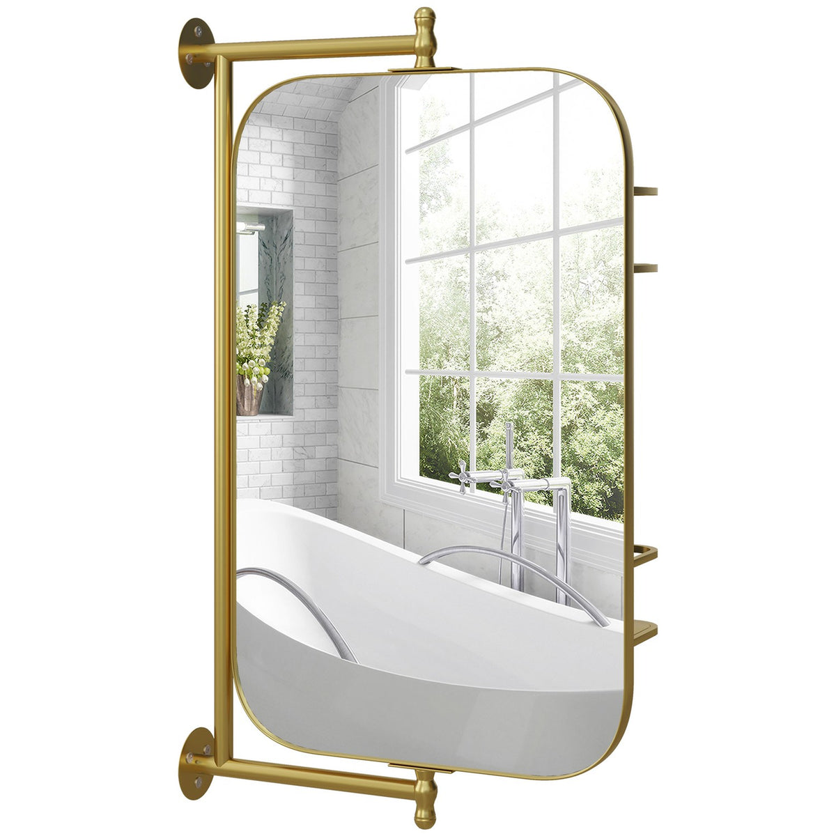 Bathroom Mirror Swiveling Wall Mirror, 40 X 66 Cm Make-Up Mirror With 2-Tier Shelf, Metal Frame, Gold
