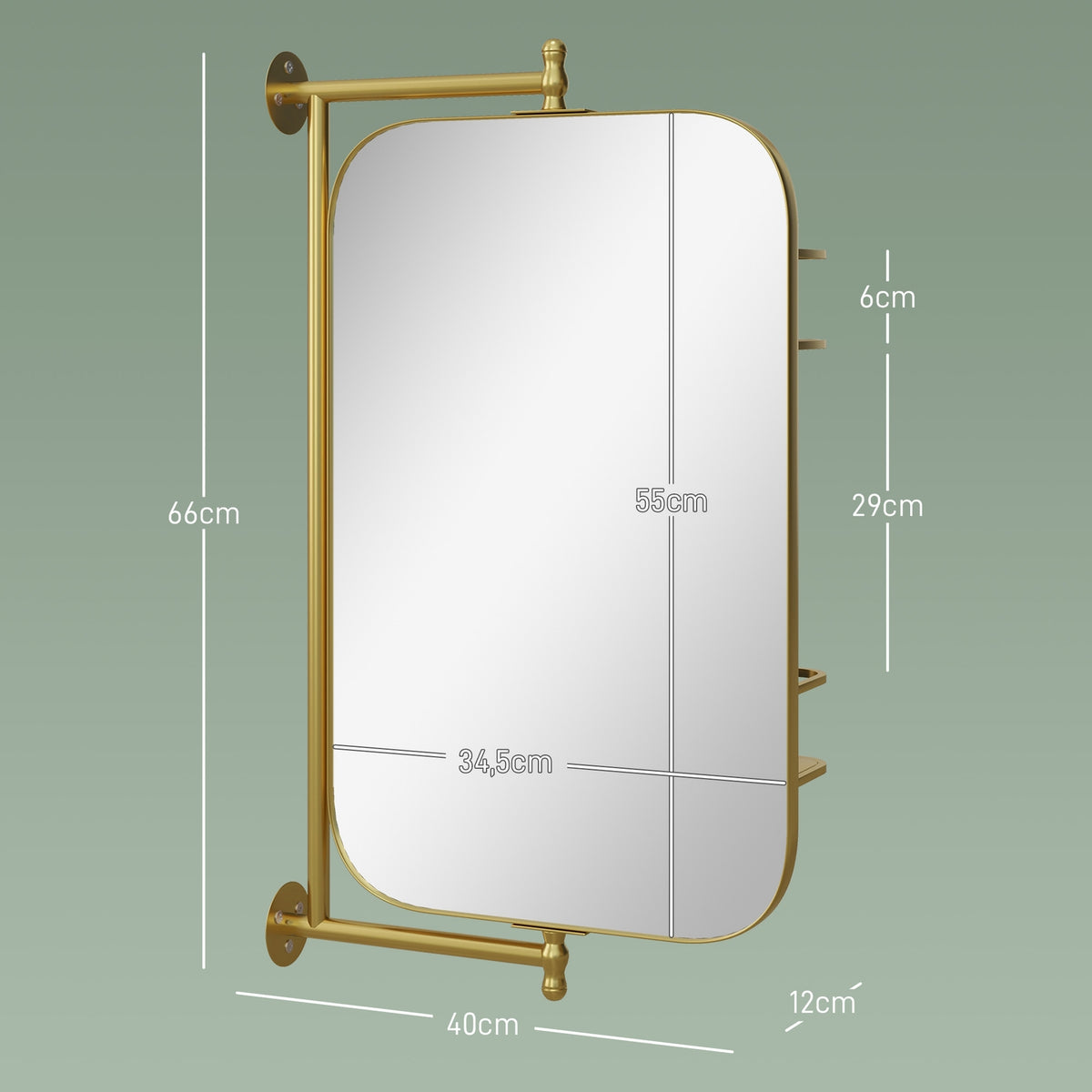 Bathroom Mirror Swiveling Wall Mirror, 40 X 66 Cm Make-Up Mirror With 2-Tier Shelf, Metal Frame, Gold