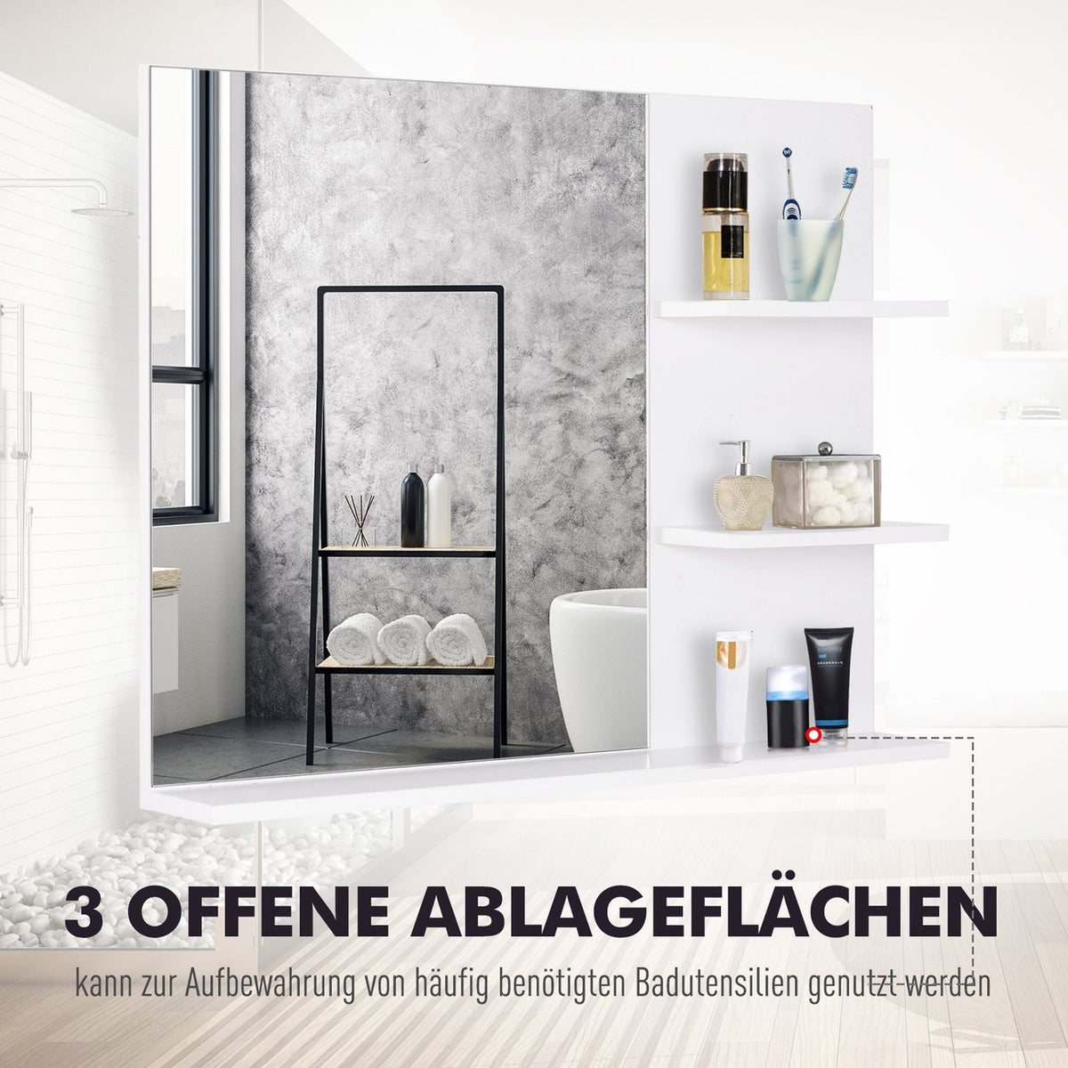 Bathroom Mirror Wall Mirror With 3 Shelves, Mirror Shelf For Bathroom, Mdf, White, 60X10X48Cm