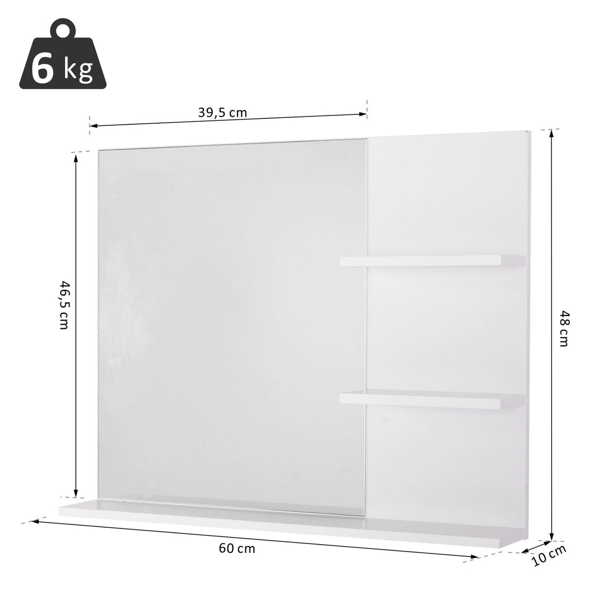 Bathroom Mirror Wall Mirror With 3 Shelves, Mirror Shelf For Bathroom, Mdf, White, 60X10X48Cm