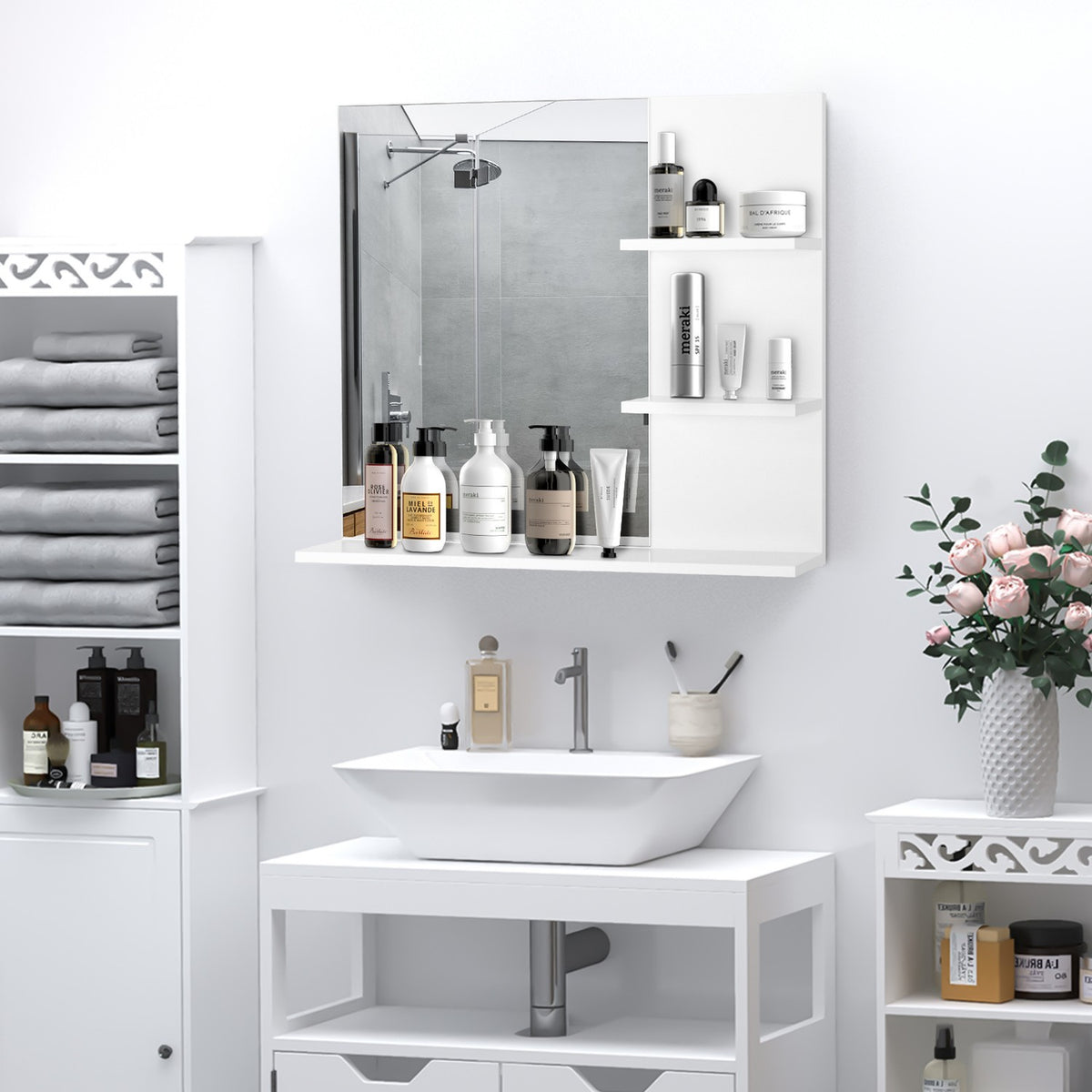 Bathroom Mirror Wall Mirror With 3 Shelves, Mirror Shelf For Bathroom, Mdf, White, 60X10X48Cm
