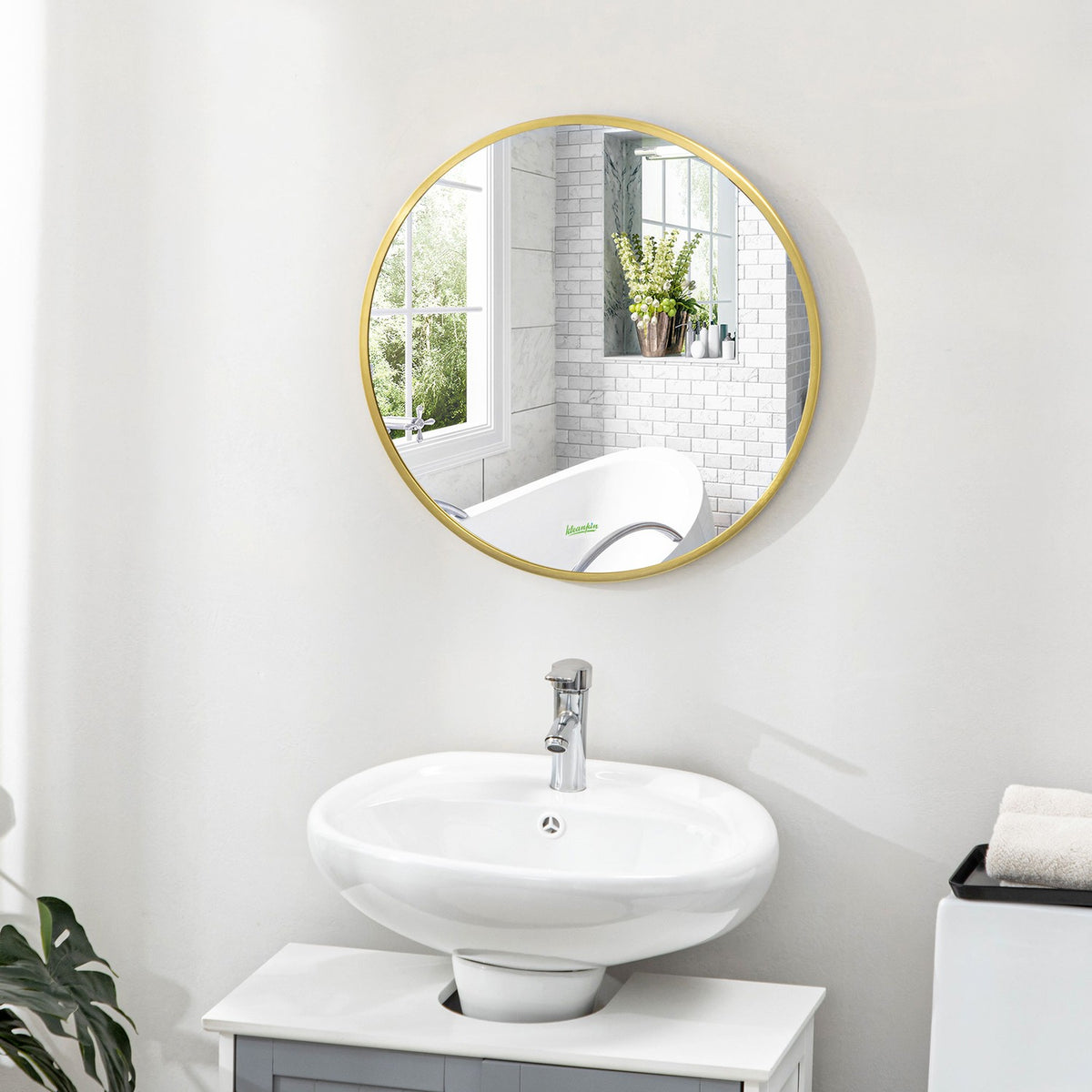 Bathroom Mirror With Led Round Wall Mirror Ø50 Cm, Memory Function, Ip44, For Living Room & Bedroom, Gold, Aluminum