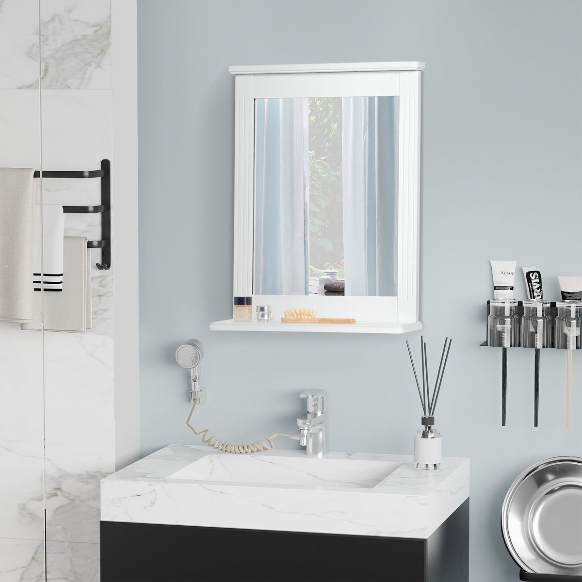 Bathroom Mirror With Shelf Wall Mirror Modern Space Saving White 55X12X64Cm