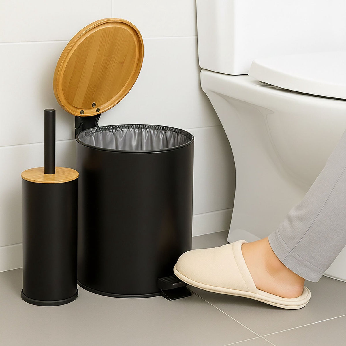 Bathroom Set with Bin & Brush, 5L Soft-Close Bin