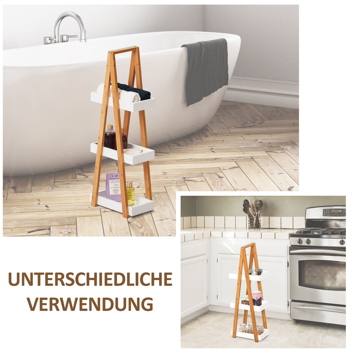Bathroom Shelf 3 Tier Stair Shelf, Ladder Shelf For Bathroom, Bamboo, Gray, 30X18X81Cm
