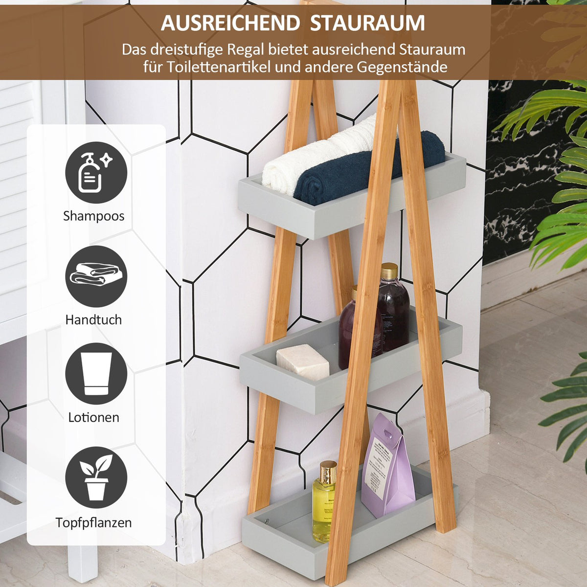 Bathroom Shelf 3 Tier Stair Shelf, Ladder Shelf For Bathroom, Bamboo, Gray, 30X18X81Cm