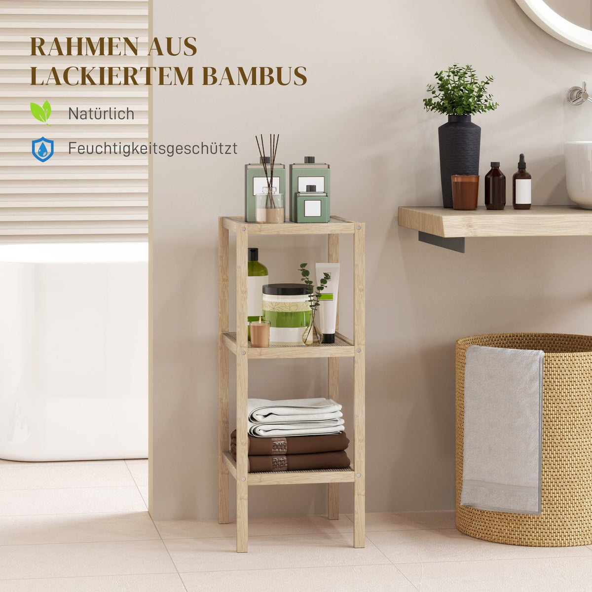 Bathroom Shelf, Bathroom Shelf with 3 Tiers, Bamboo Standing Shelf with Foot Pad, for Bathroom, Living Room, Kitchen, 33 x 31 x 78 cm, Natural Wood